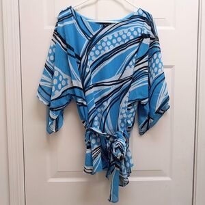 Womens Kimono Top Blue Size 16 Tie Waist Artsy Resortwear Boho Retro